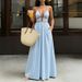 Summer New Style Deep V Neck Striped Maxi Dress Backless Sleeveless Halter Neck Resort Dress for Women_ecoleips.com