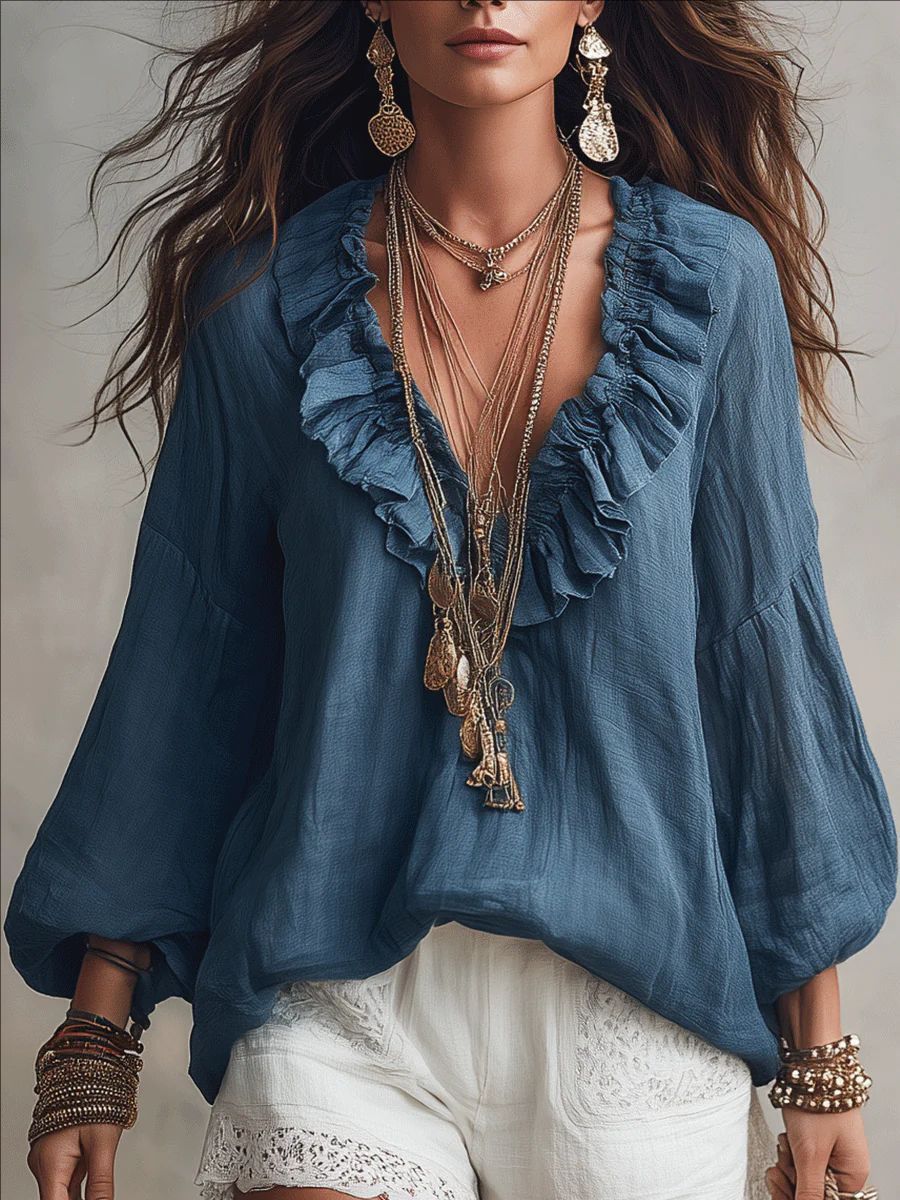 Women's Clothing Elegant Casual Women's V Neck Shirt Lantern Sleeve Blouse For Formal & Casual For Women_ecoleips.com