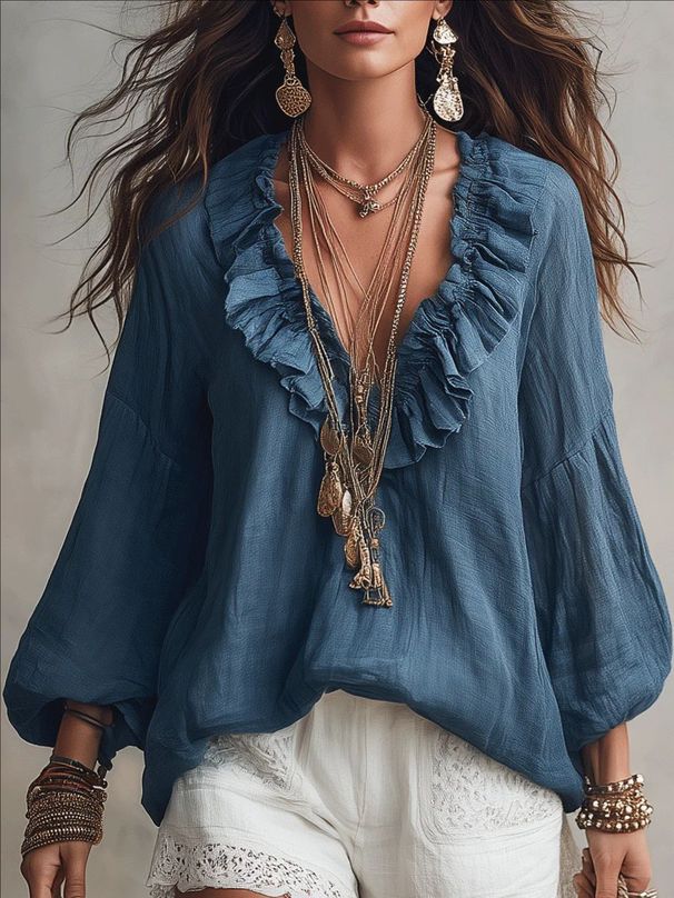 Women's Clothing Elegant Casual Women's V Neck Shirt Lantern Sleeve Blouse For Formal & Casual For Women_ecoleips.com