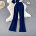 Women's Stylish Outfit Sleeveless Denim Vest High Waisted Wide Leg Pants Set Sophisticated Design round Neck Metal Buckles_ecoleips.com