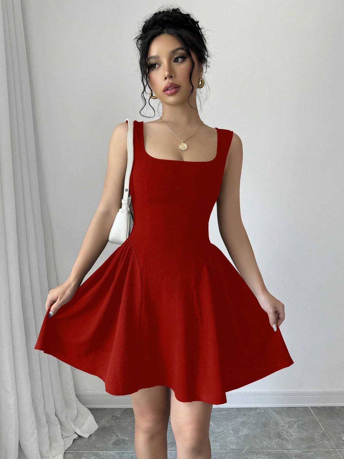 Women's ClothingCasual Square Neckline Solid Color Sleeveless Mini Dress European And American Solid Color Corset Women's Dress Cross Border Hot Sale_ecoleips.com