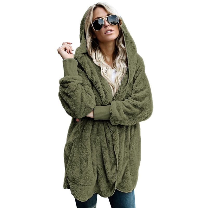 Women's Winter Fleece Hooded Coat - Soft & Warm Acrylic Knit Cardigan, Oversized Longline Sweater Jacket For Casual Streetwear_ecoleips.com