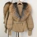 Women's Slim Fit Down Jacket With Detachable Fox Fur Collar, Warm Winter Coat For Petite, Mid-Length Puffer Coat With Belt_ecoleips.com