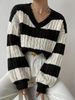 Cozy Oversized V-Neck Sweater Women's Casual Knit Top With Striped Design - Fall & Winter Warm Loose Fit Pullover_ecoleips.com