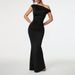 Voya Women's Sexy Socialite Style Dress, Summer Off Shoulder Slanted Neck Black Dress, Long Skirt_ecoleips.com