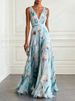 Summer Fashion Pattern Print Women Dress Sexy Sleeveless Hight Waist Draped Holiday Dress Elegant Deep V-neck Chiffon Long Dress_ecoleips.com