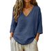 2026 Spring/Summer New Women's Casual Loose Fashion Slub Cotton Mid-Sleeve V-Neck Top_ecoleips.com