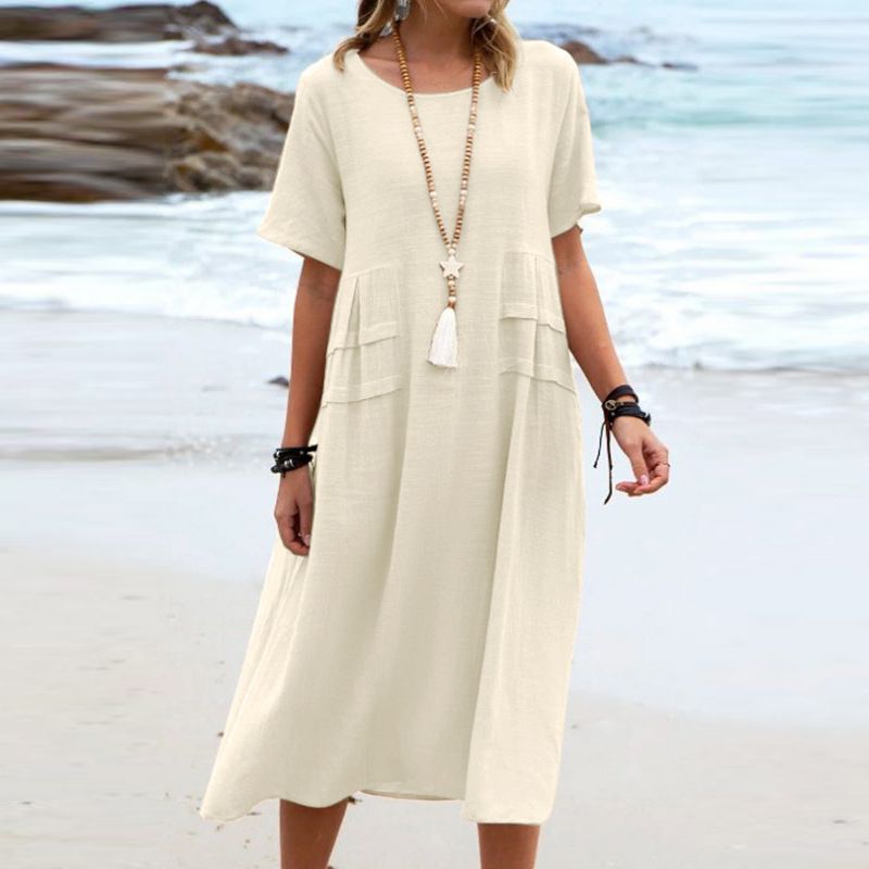 Cross-border 2023 European And American Summer Loose Casual Cotton Linen Solid Color Round Neck Short Sleeve_ecoleips.com