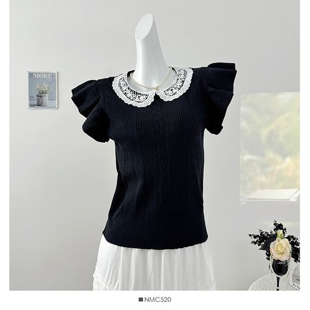 Women's Clothing Lace Trimmed Round Neck Flying Sleeve Sweater For Summer, New Style, Sweet And Youthful Temperament, Versatile Short Sleeved Top_ecoleips.com
