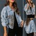 Women's Patchwork Snake Print Denim Jacket, Vintage Washed Distressed Cropped Jean Coat, Long Sleeve Button Down Casual Outerwear For Daily Streetwear_ecoleips.com