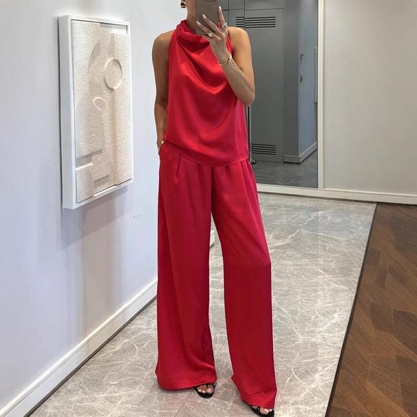 Women's Clothing Satin Sleeveless Wide Leg Pants Set - Casual Loungewear Two-Piece Outfit For Summer Vacation & Daily Wear (Multiple Colors)_ecoleips.com