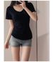 Women's Solid Color V-Neck Short Sleeve Front Shoulder Women's T-Shirt Summer Waist Slim Fit Pinch Waist Skinny Bottom Shirt Summer Wear_ecoleips.com