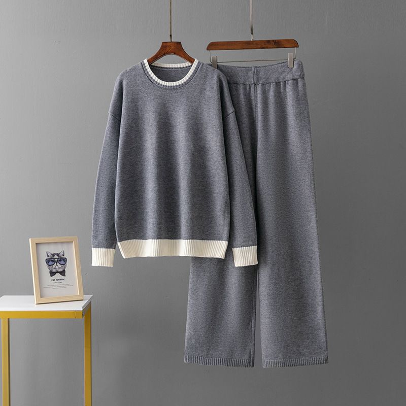 Women's Elegant Color Block Knit Sweater And Slimming Wide Leg Pants Two Piece Set Autumn/Winter round Neck Cross Border European Style_ecoleips.com