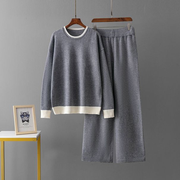 Women's Elegant Color Block Knit Sweater And Slimming Wide Leg Pants Two Piece Set Autumn/Winter round Neck Cross Border European Style_ecoleips.com