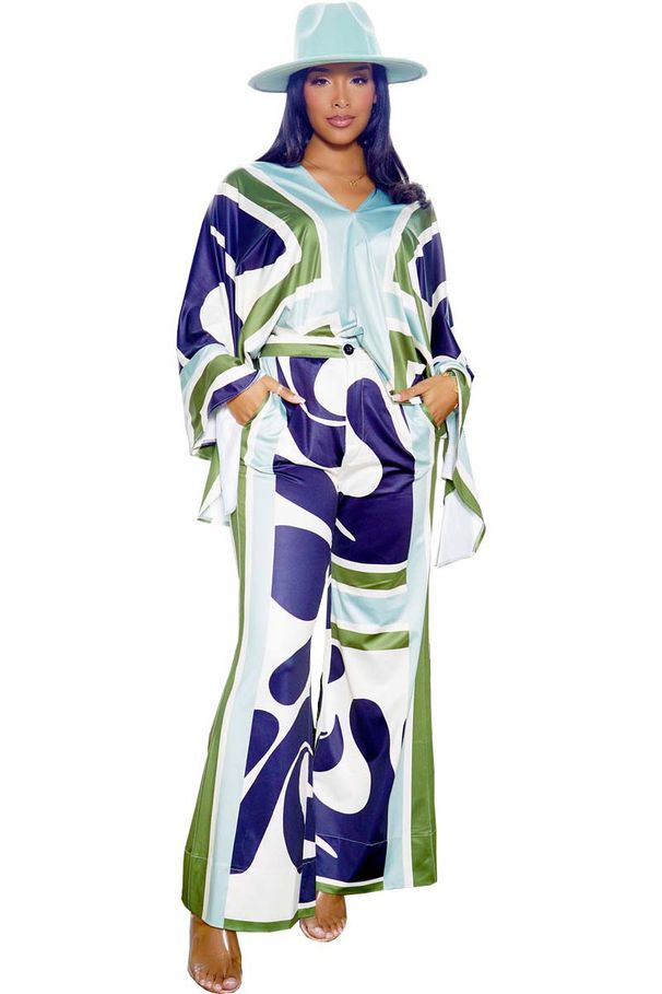 Plus Size Fashion Pant Set V Neck Long Sleeve Top With Wide Open Slit Flared Pants For Women_ecoleips.com