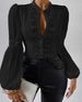 Elegant Lace-Trimmed Lantern Sleeve Blouse – Chic Stand Collar Top For Women_ecoleips.com