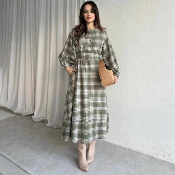 Long-Sleeve Wrap Belt Dress – Minimalist Round Neck Shift Dress With Side Pockets (Olive Green & Navy)_ecoleips.com