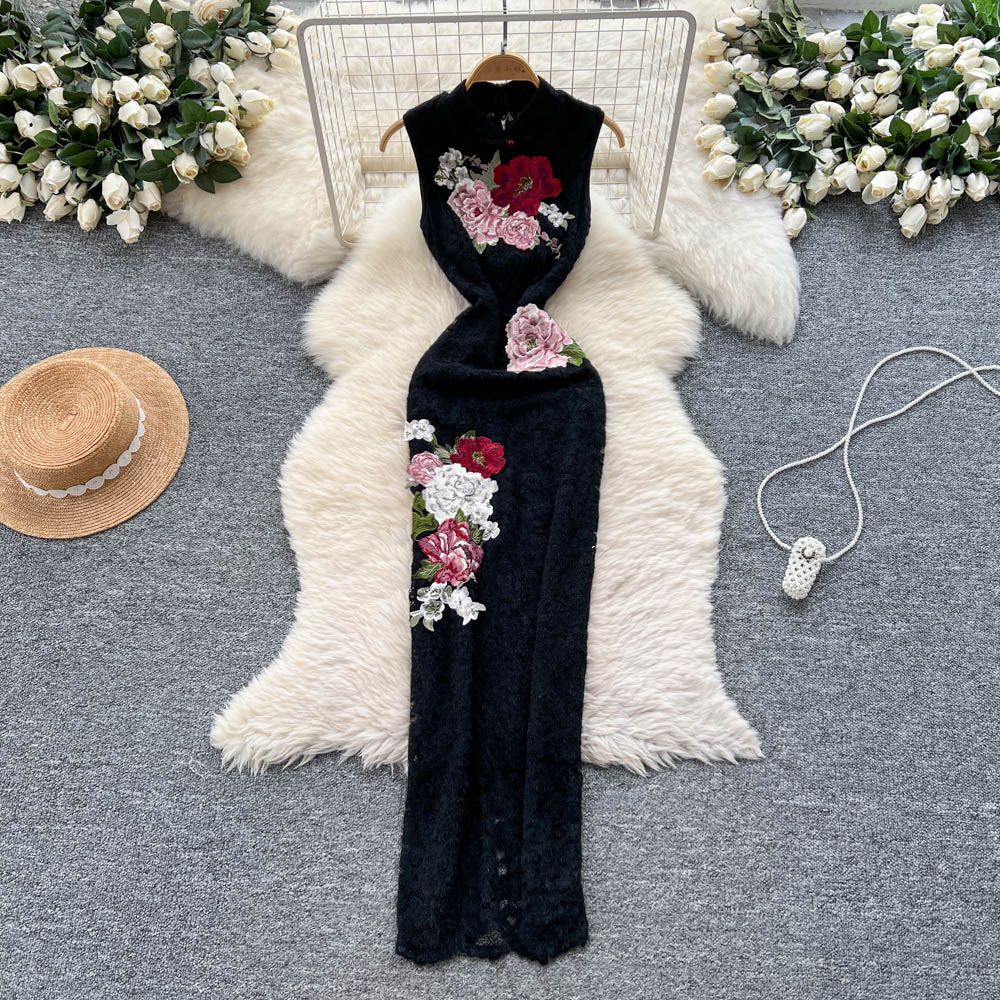 Women's Retro Cheongsam Summer Dress Chinese Style Elegant Design Heavy Embroidery Waist Cinching Sleeveless Lace Dress_ecoleips.com