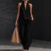 Women's Halter Neck V Neck Cotton Linen Blend Camisole Set Loose Fitting Commuterwear_ecoleips.com