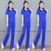 Women's Clothing Short Sleeved Sports Suits Women's Casual Two-Piece Outfit - Trendy Short Sleeve Top & Wide Leg Pants Set (Blue, Pink, Gray, White)_ecoleips.com