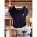 Women's Short Sleeve Crop Top – Color Blocked Mock Two-Piece Design With Ruffled Waist & Slim Fit_ecoleips.com