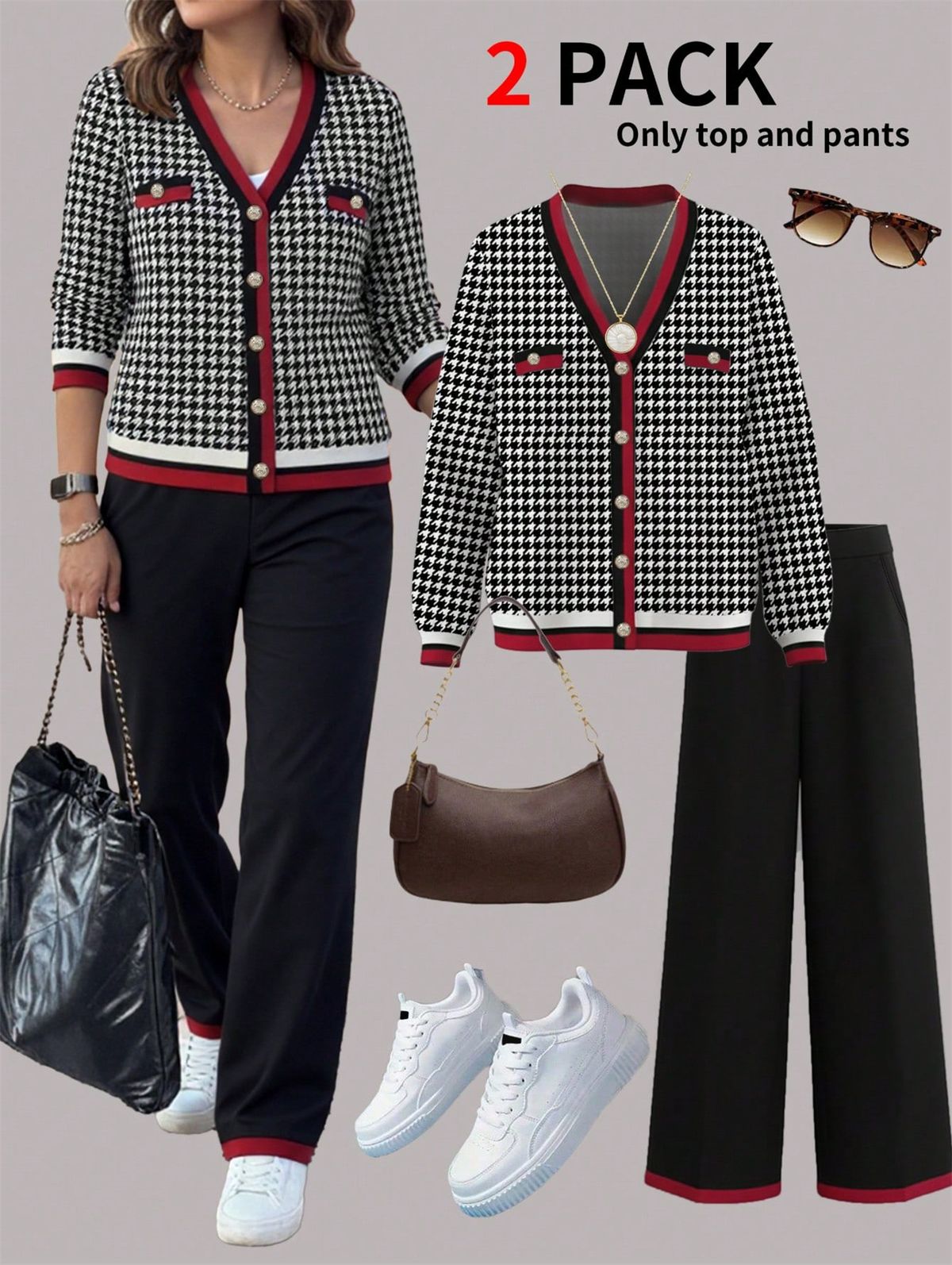 Women's Spring Autumn Style Color Block Jacket Set With Loose Straight Leg Trousers_ecoleips.com