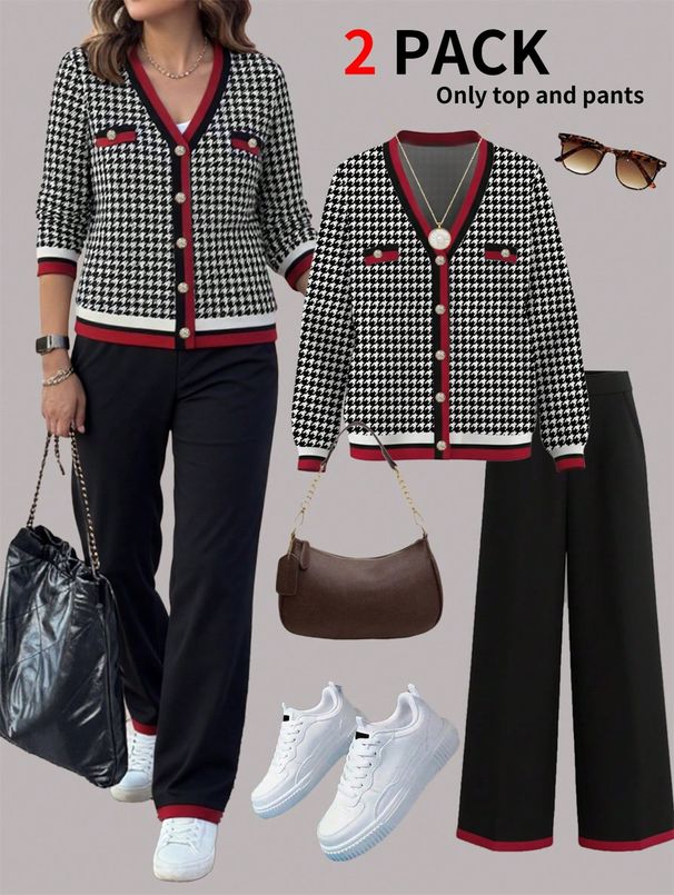 Women's Spring Autumn Style Color Block Jacket Set With Loose Straight Leg Trousers_ecoleips.com