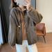 Faux Shearling Bomber Jacket For Women – Oversized Fleece-Lined Winter Coat With Glitter Accents, M-2XL (Navy/Khaki)_ecoleips.com