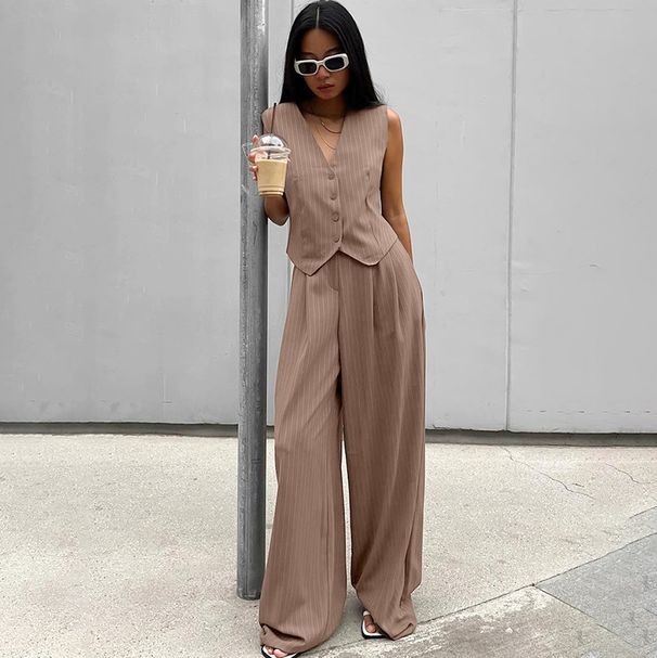 Women's Clothing Retro V Neck Striped Suit Two Piece Suit Fashionable And Capable New Style_ecoleips.com