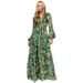Floral Print V-Neck Chiffon Maxi Dress With Tie-Waist & Puff Sleeves For Elegant Occasions Versatile Full-Length Design_ecoleips.com