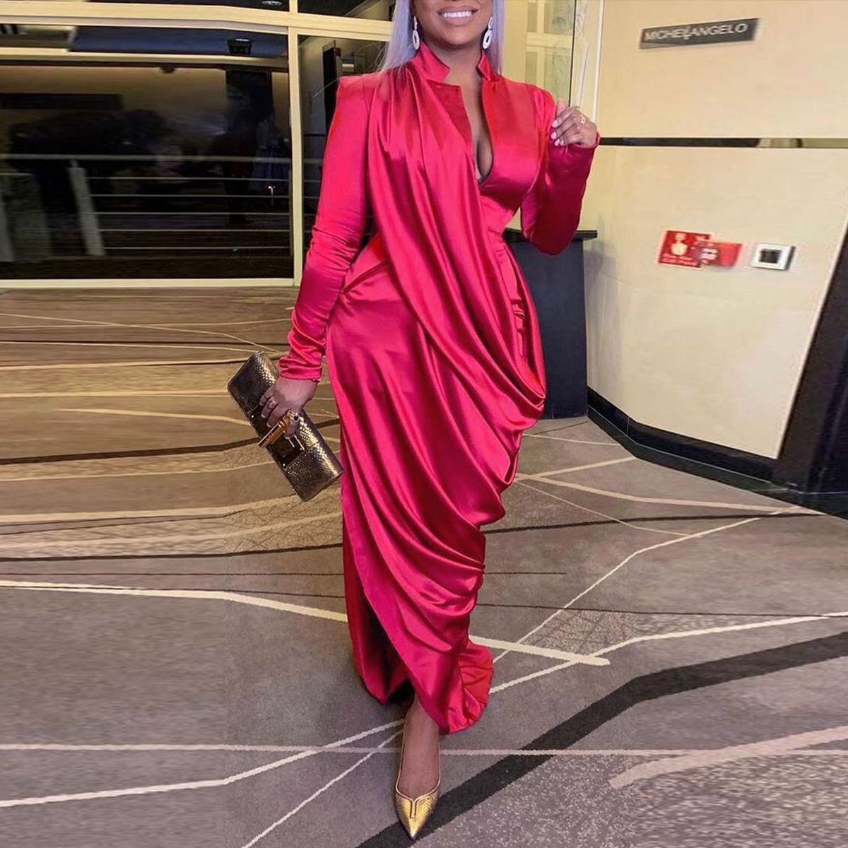 Women's Clothing Sexy Deep V Pleated Slim Fit Long Sleeve Dress_ecoleips.com