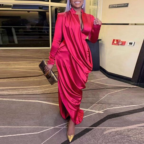 Women's Clothing Sexy Deep V Pleated Slim Fit Long Sleeve Dress_ecoleips.com