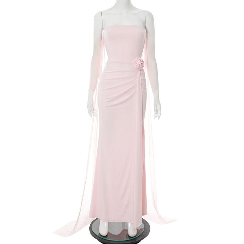Elegant Strapless Sleeveless Off-the-Shoulder Long Dress Autumn Winter European American Style Slit Dress with Train_ecoleips.com