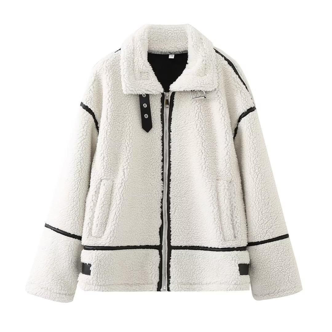 Women’s Biker-Style Faux Shearling Jacket – Winter-Ready Fleece-Lined Coat With Plush Collar (Black/White/Cream)_ecoleips.com