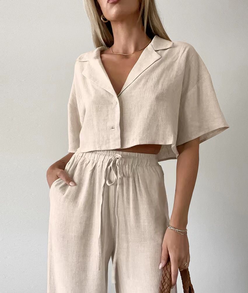 Women's Clothing Cotton And Linen Shirt High Waist Wide Leg Pants Two Piece Loose Casual Suit_ecoleips.com