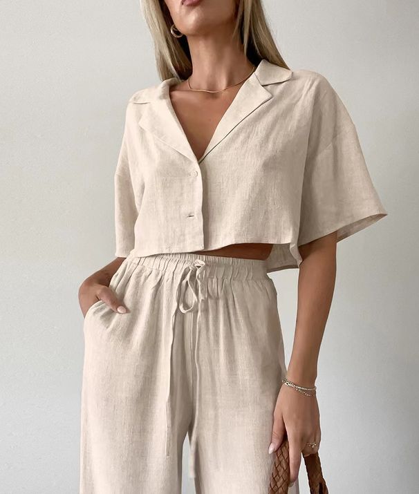 Women's Clothing Cotton And Linen Shirt High Waist Wide Leg Pants Two Piece Loose Casual Suit_ecoleips.com