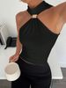 Cross-Border 2025 Spring Summer Women's High Neck Metal Ring Sleeveless Off Shoulder Stretch Vest_ecoleips.com