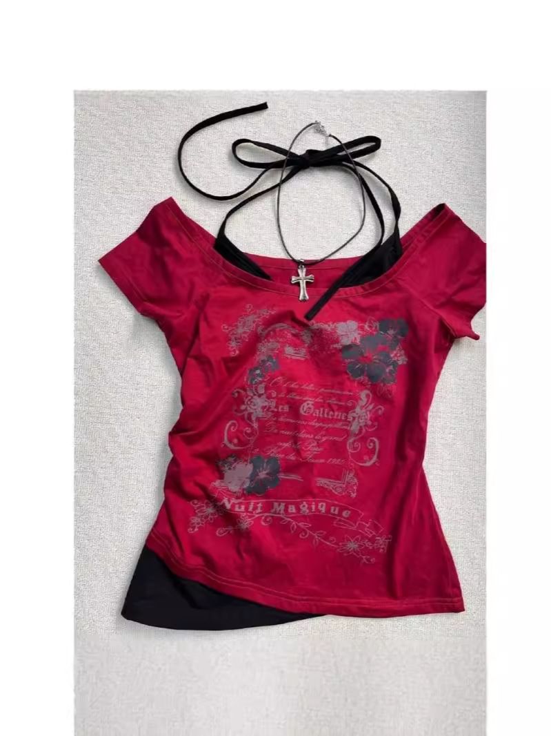 Waste Style Retro Neck Fake Two Pieces Design Short-sleeved T-shirt 2024 Summer Short Top_ecoleips.com