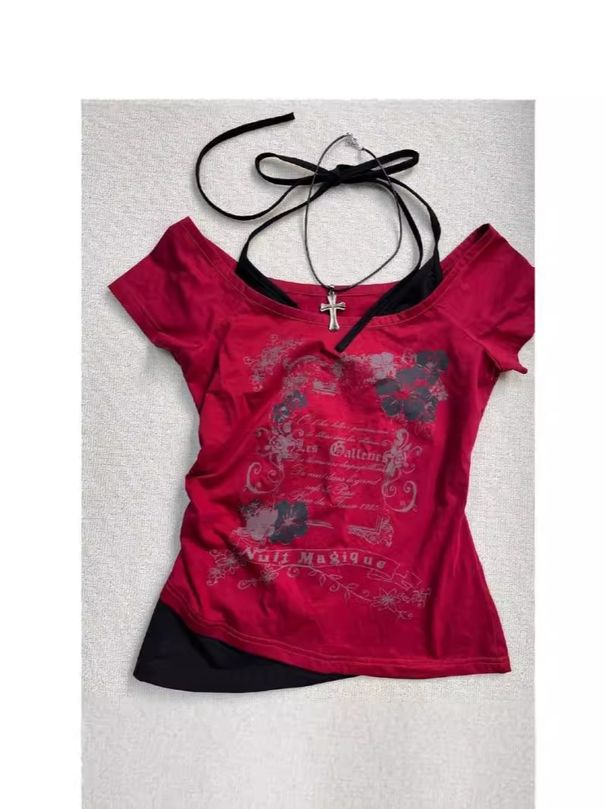 Waste Style Retro Neck Fake Two Pieces Design Short-sleeved T-shirt 2024 Summer Short Top_ecoleips.com