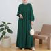 In Stock Cross-Border Muslim Women's Robe Spring Summer Long Loose Casual Puff Sleeve Solid Color Wooden Button Dress_ecoleips.com