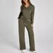 Women's Clothing Loose V Neck Long Sleeved Top With Drawstring Design Elastic Waist Flared Trousers Two Piece Set_ecoleips.com