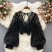 Slimming Short Crochet Lace Top for Women Backless Lace up Korean Fashion Chic And Versatile New Autumn Style See through_ecoleips.com