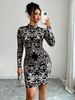 Women Dress High Neck Long Sleeve Baroque Print Ruched Bodycon Mini Gown Glam New Spring Summer Luxe Dress Party Club Flattering_ecoleips.com