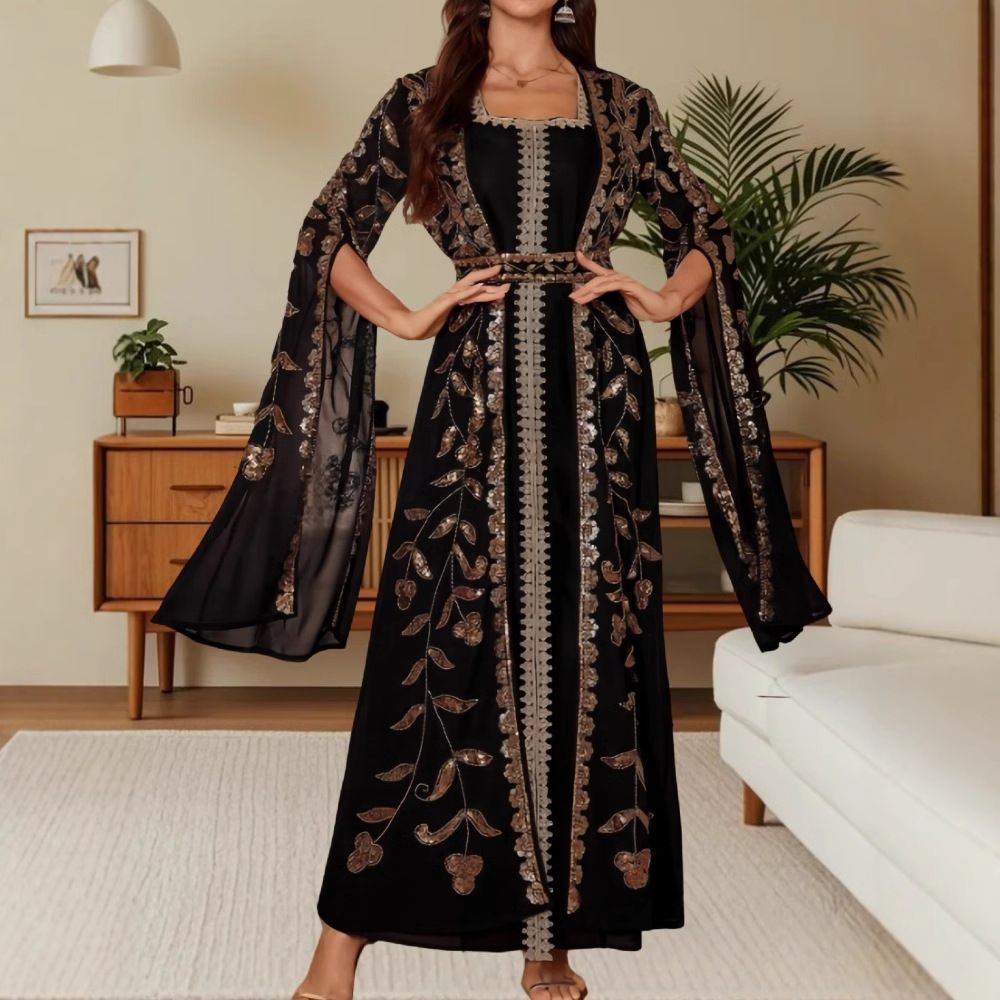 Women's Clothing Elegant Embroidered Dress Elegant Belted Robe_ecoleips.com