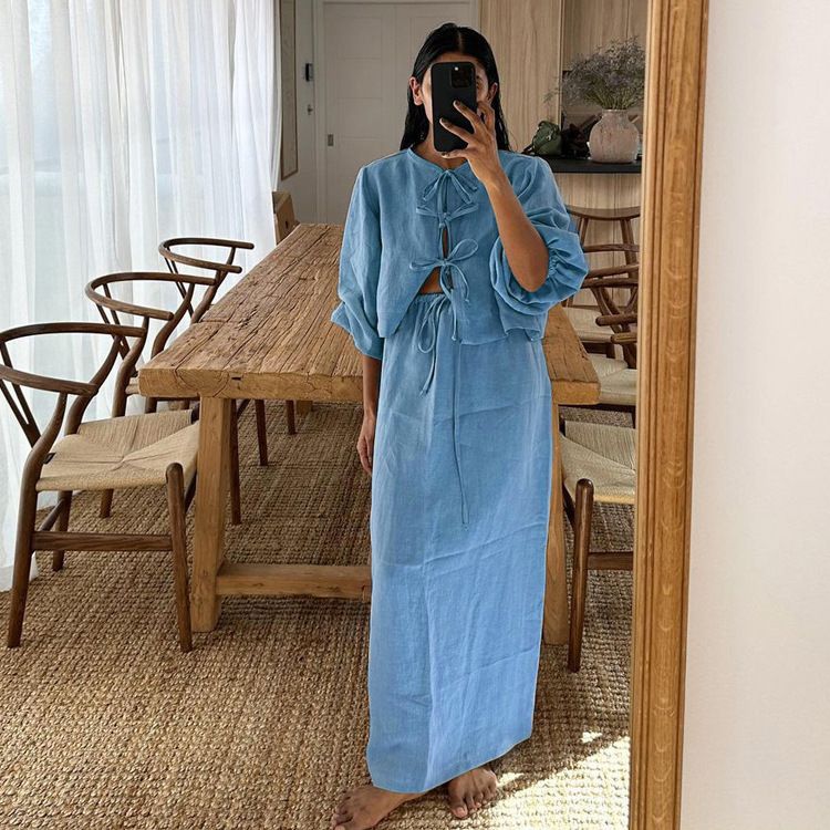 Women's Clothing new retro tea style outfit a complete set of puff sleeve shirt suit summer women's skirt_ecoleips.com