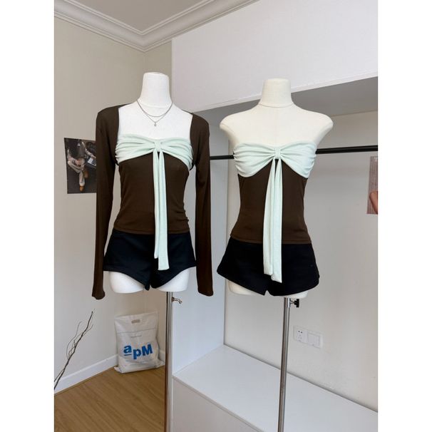 Sena 2026 New Design Niche Bow-tie Strapless Color-block Slim-fit Knit Top With Detachable Cover-up, True Two-piece_ecoleips.com