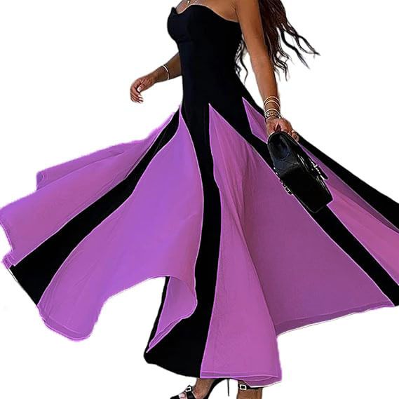 Women's Clothing Low Cut Sling Color Matching Waist Slimming A Line Large Pleated Large Skirt Holiday Dress_ecoleips.com
