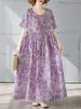 Cotton Vintage Short Sleeve Dresses For Women Casual Loose Long Light Purple Dress Femme Robe Vestidos Elegant Summer Clothing_ecoleips.com