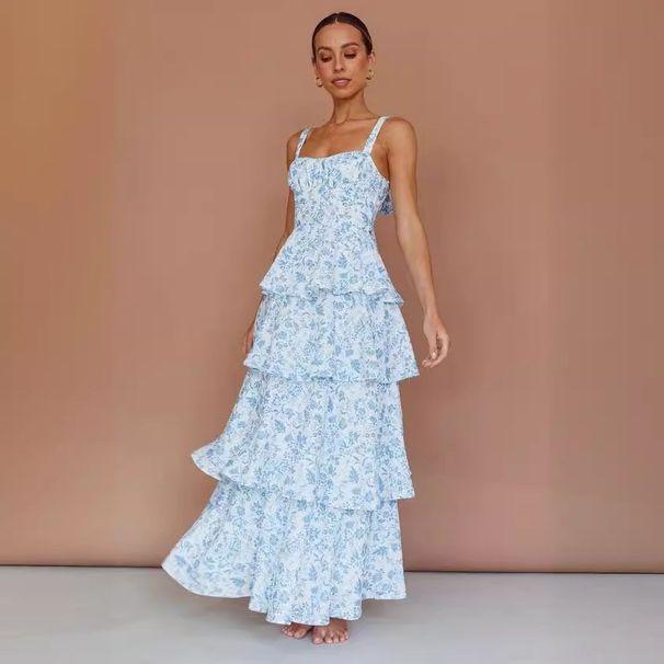 Spring Summer Floor Length Temperament Printed Dress for Women Holiday Party Two Colors Available_ecoleips.com
