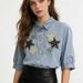 Women's Soft Denim Short Sleeved Shirt Three Dimensional Large Flower Sequin Embellished Cowhide New Style Top_ecoleips.com
